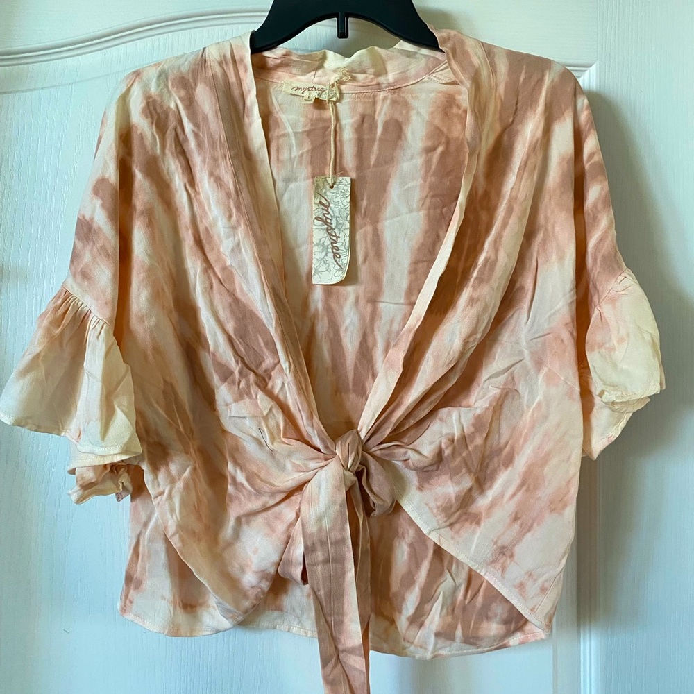 Mystree Peach Tie-Front Tie-Dye Blouse